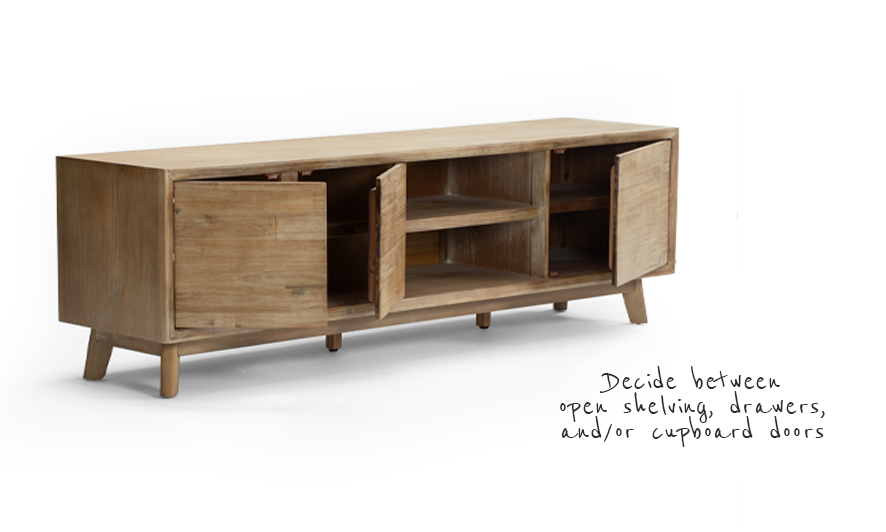 Acacia wood TV stand with cupboad doors and two open shelves on white background